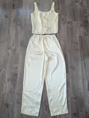 Vintage Silk & Satin Pyjama Set Pastel Yellow Embroidered Flowers